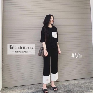Set bộ đen quần dài túi gấu trắng