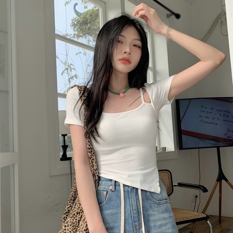 Áo Thun Croptop Tay Ngắn Cổ Vuông Màu Sắc Đơn Giản Cho Nữ