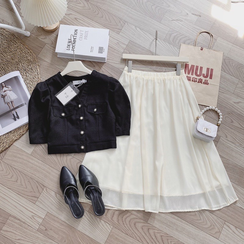 Set áo dạ tweed ngắn taymàu đen mix chân váy đầm tơ voan tiểu thư xinh xắn be đi làm đi tiệc kèm video và ảnh thật