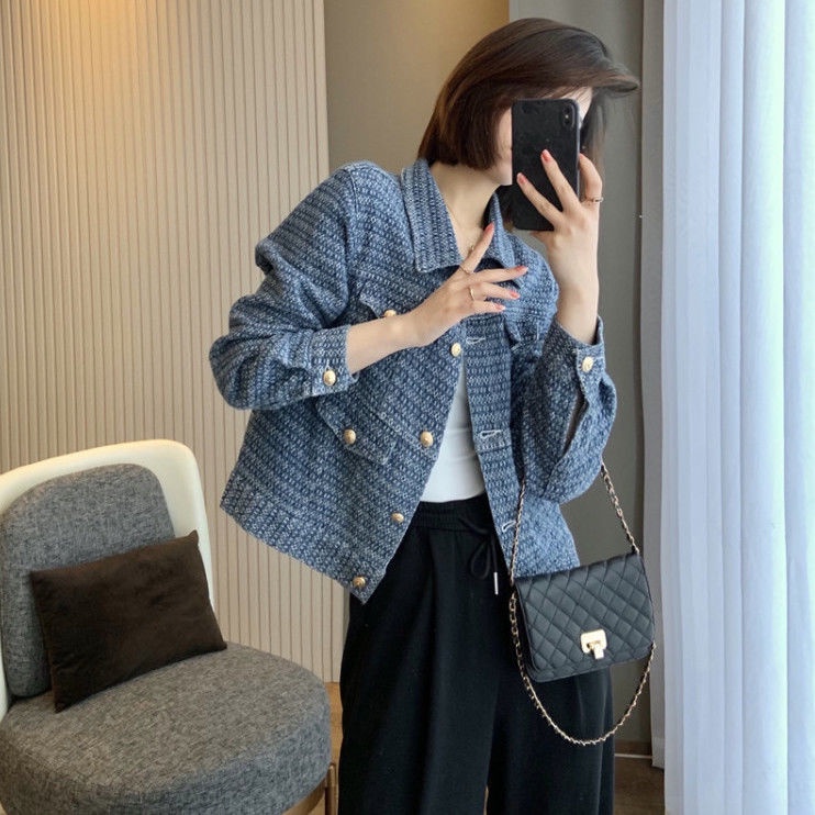 Áo khoác denim dáng ngắn màu xanh lam thiết kế mới thời trang xuân thu cho nữ