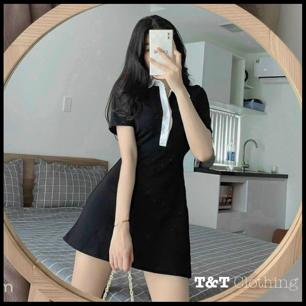 Đầm Polo Nữ Đen cổ trắng Dáng Ôm Váy Nữ Ngắn Body Ngắn | By 23t.shop | BigBuy360 - bigbuy360.vn