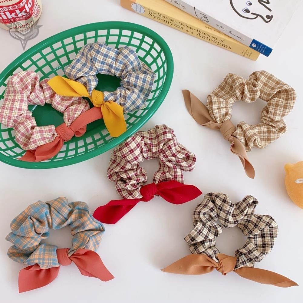 Dây cột tóc cao su phối vải họa tiết sọc caro đơn giản cho nữ