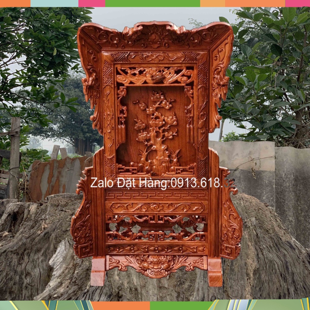 Giá Gương Bàn Thờ Gia Tiên Trạm Cây Tùng Gỗ Hương Cao 81 Rộng 56cm