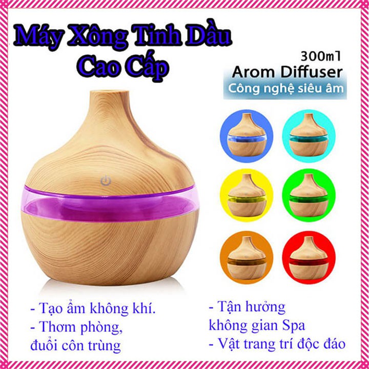 Máy khuếch tán tinh dầu phun sương giúp xông tinh dầu vân gỗ hình bí ngô dung tích 300ml có đèn led cao cấp