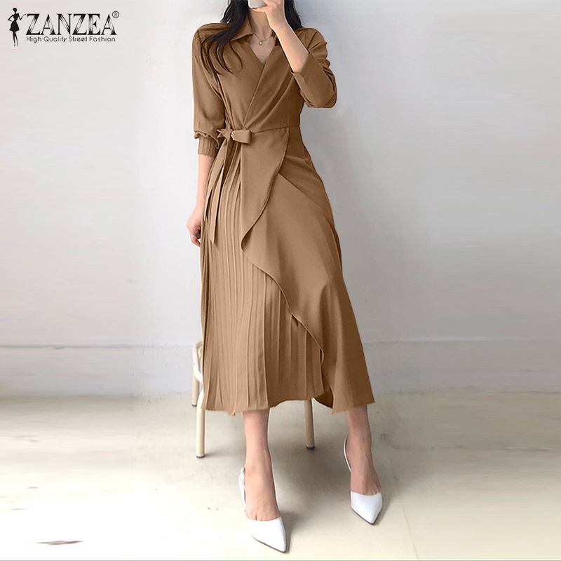 Đầm ZANZEA trơn ôm dáng thường ngày cài cúc cổ bẻ dễ phối đồ đơn giản phong cách Hàn Quốc