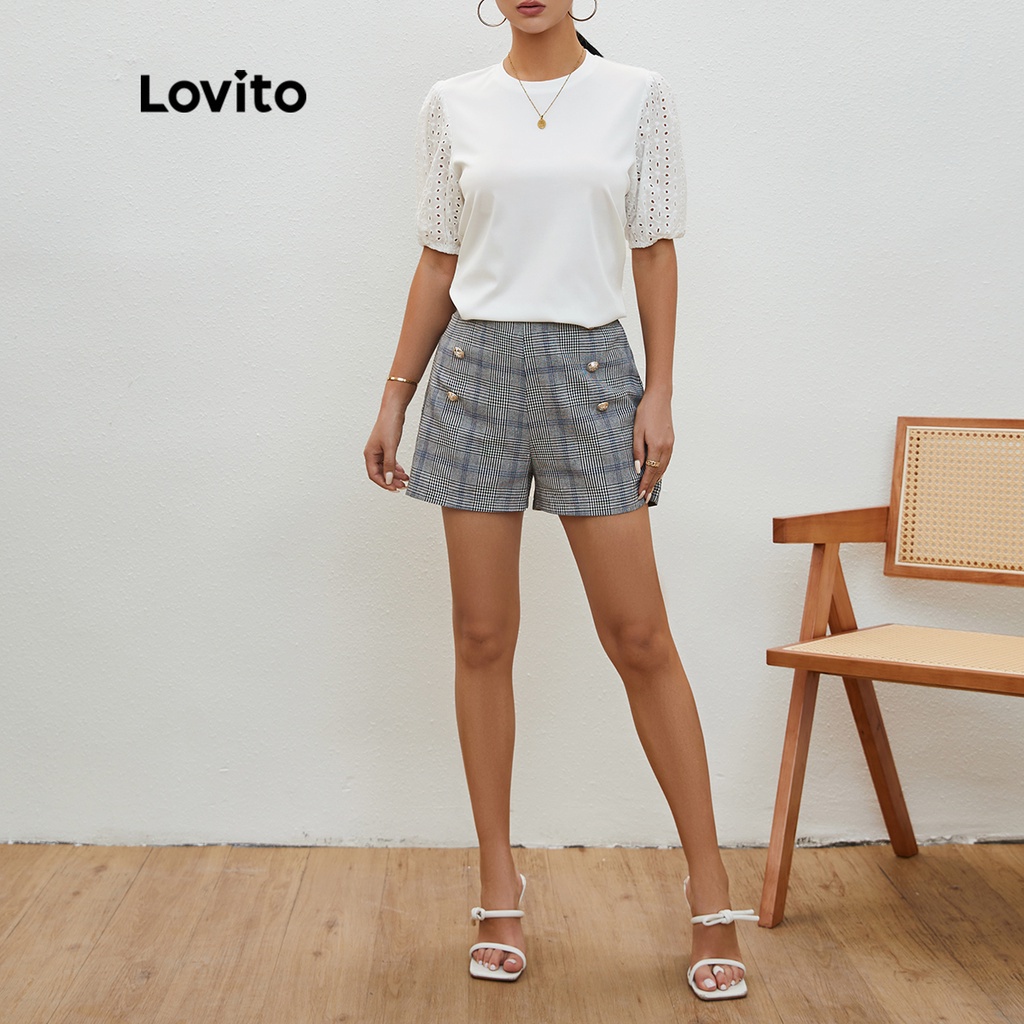 Lovito Quần Short Nút Kẻ Sọc Caro L20D199 (Xám)