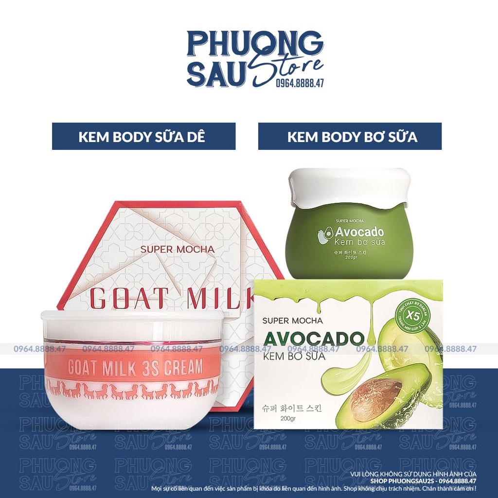 [KÈM QUÀ TẶNG] Kem Trắng Da, Dưỡng Ẩm Body Bơ Và Body Sữa Dê, Avocado Body Cream Mocha 200g and Goat Milk 3S Cream 200g