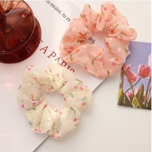 (Hàng quà tặng) Dây cột tóc vải Scrunchies hoạ tiết anh đào chất vải mịn cho bạn gái