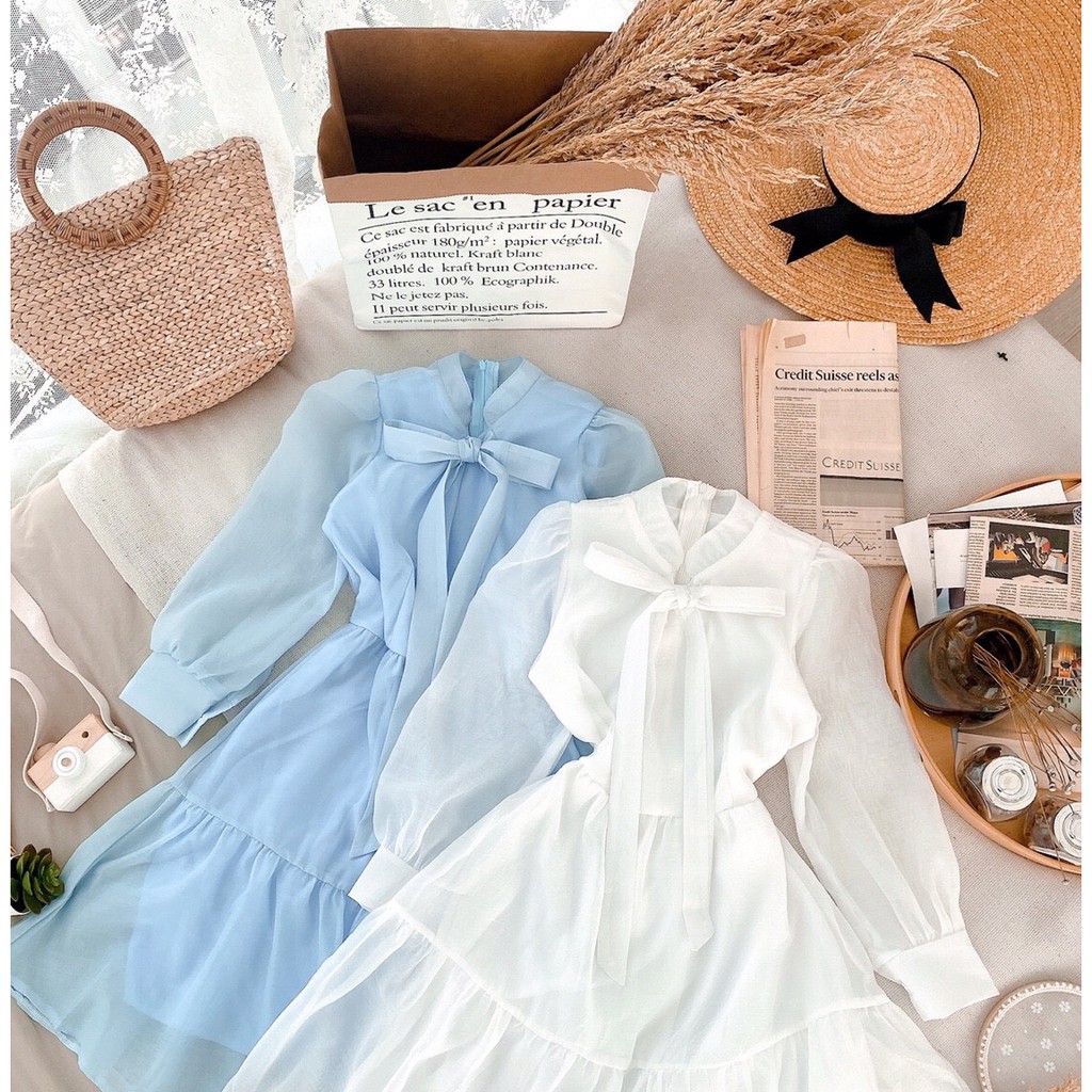 Đầm công sở trắng xanh nơ ngực tơ tầng xinh xắn - Moly dress | BigBuy360 - bigbuy360.vn