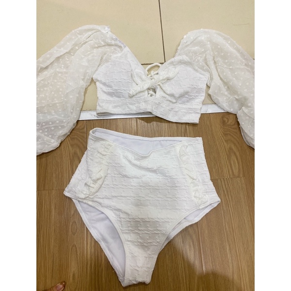 Bộ bơi nữ , bikini 2 mảnh tay bèo nơ ngực trắng