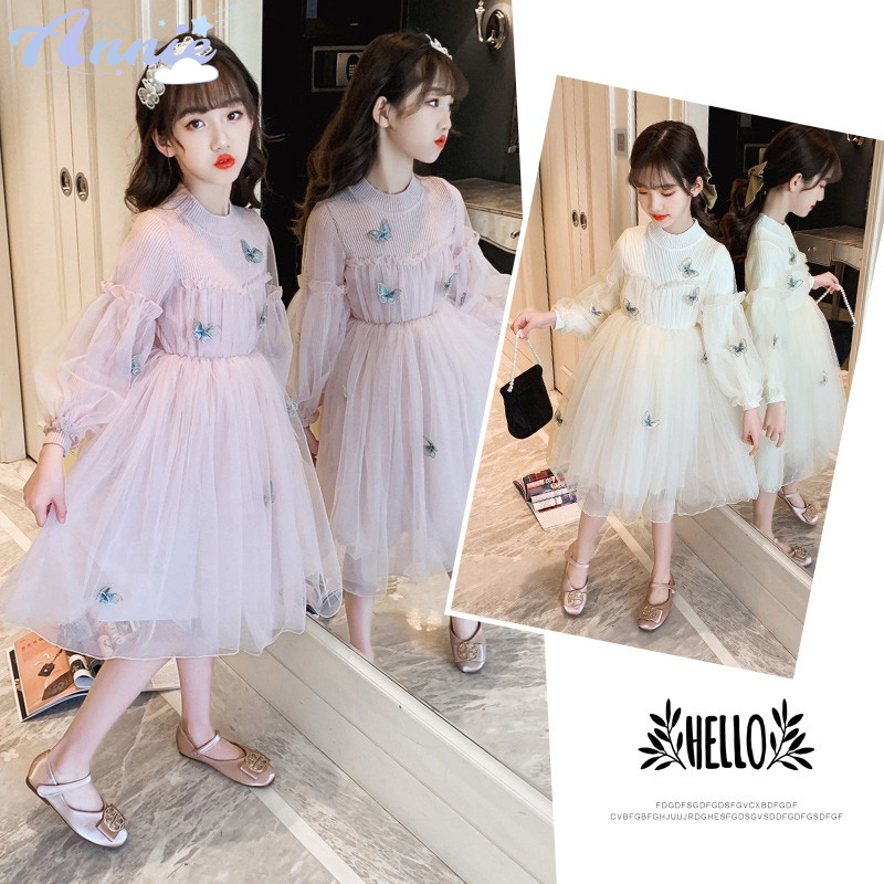 Đầm Nhung Dệt Kim Tay Phồng Dài Phối Ren Hình Bướm Siêu Nữ Tính Cho Bé Gái