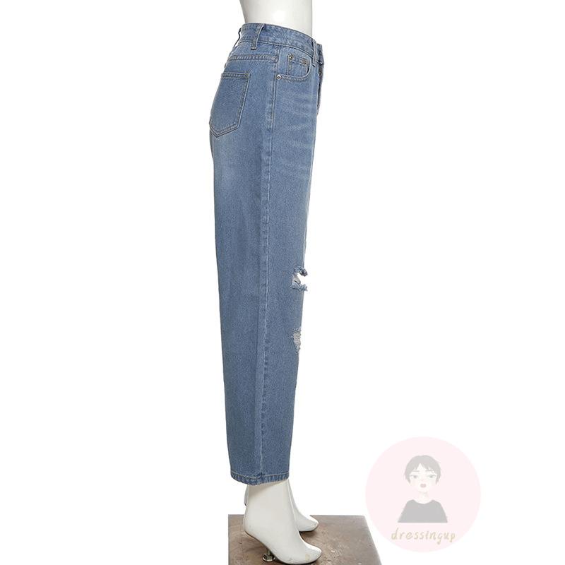 Quần Jean Dài Lưng Cao Ống Rộng Phối Rách Cá Tính Dễ Phối Đồ Cho Nữ