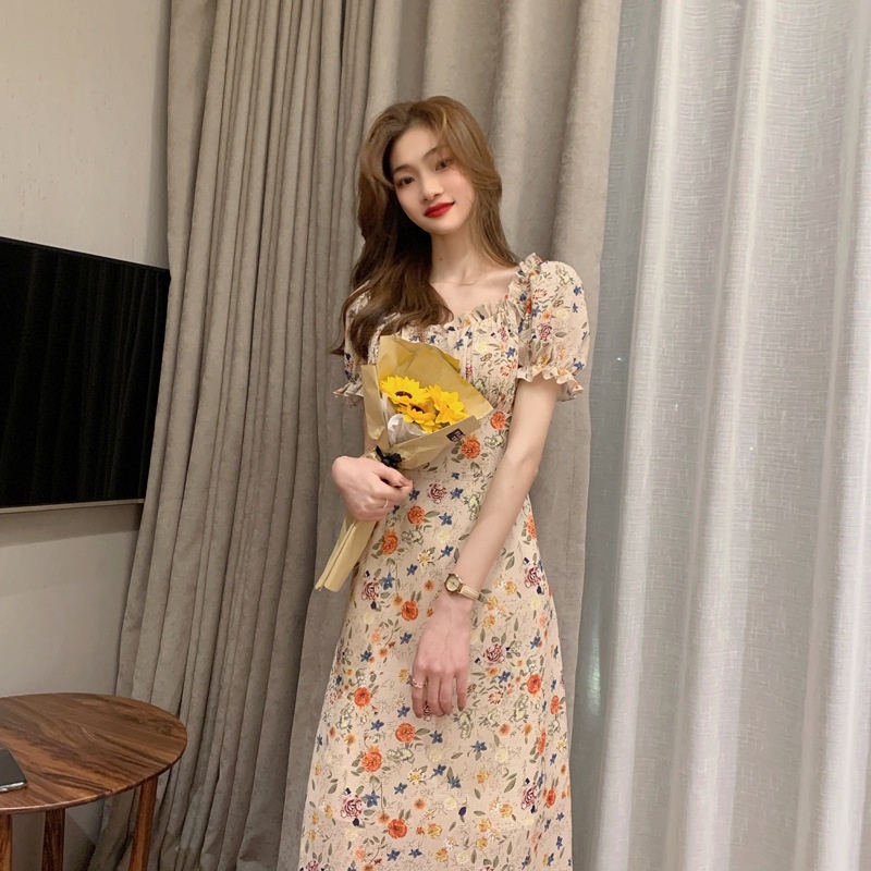 Đầm hoa nhí QINY STUDIO, váy dự tiệc, đầm midi dáng dài tay phồng Quảng Châu
