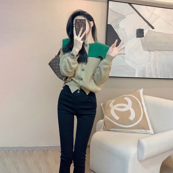 Áo Khoác Cardigan Cổ Hải Quân Cao Cấp Màu Sắc Tương Phản Phong Cách Hàn Quốc Thời Trang Mùa Xuân 2022 Mới Cho Nữ
