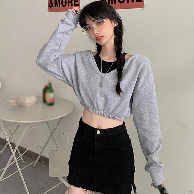 Áo Croptop Nữ Tay Dài Trễ Vai Màu Trơn Phong Cách Hàn Quốc