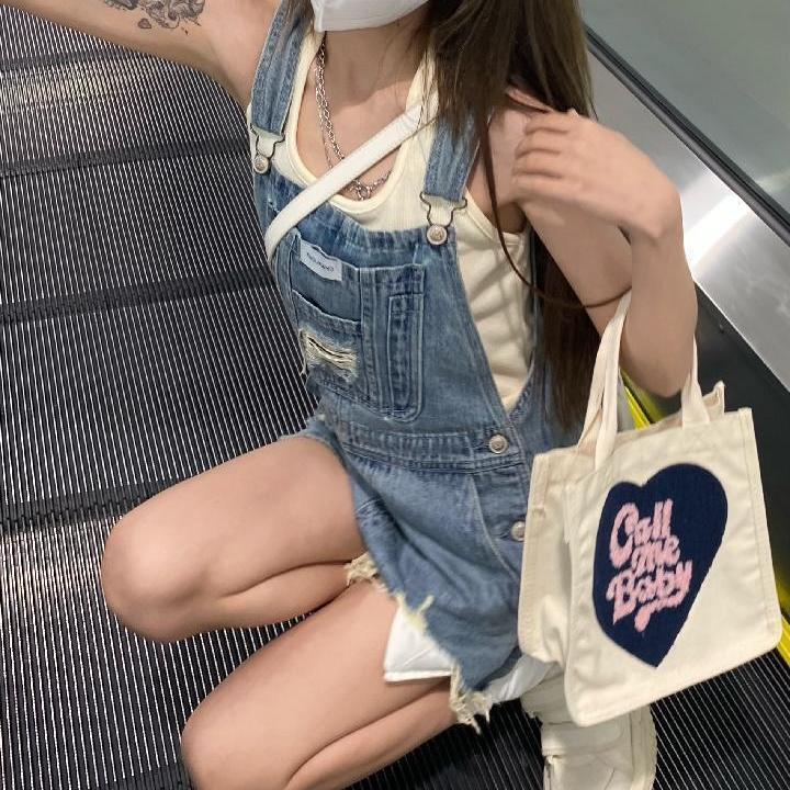 Jiashucheng Quần Yếm Denim Ngắn Lưng Cao Dáng Rộng Rách Cá Tính Thời Trang 2023 Cho Nữ