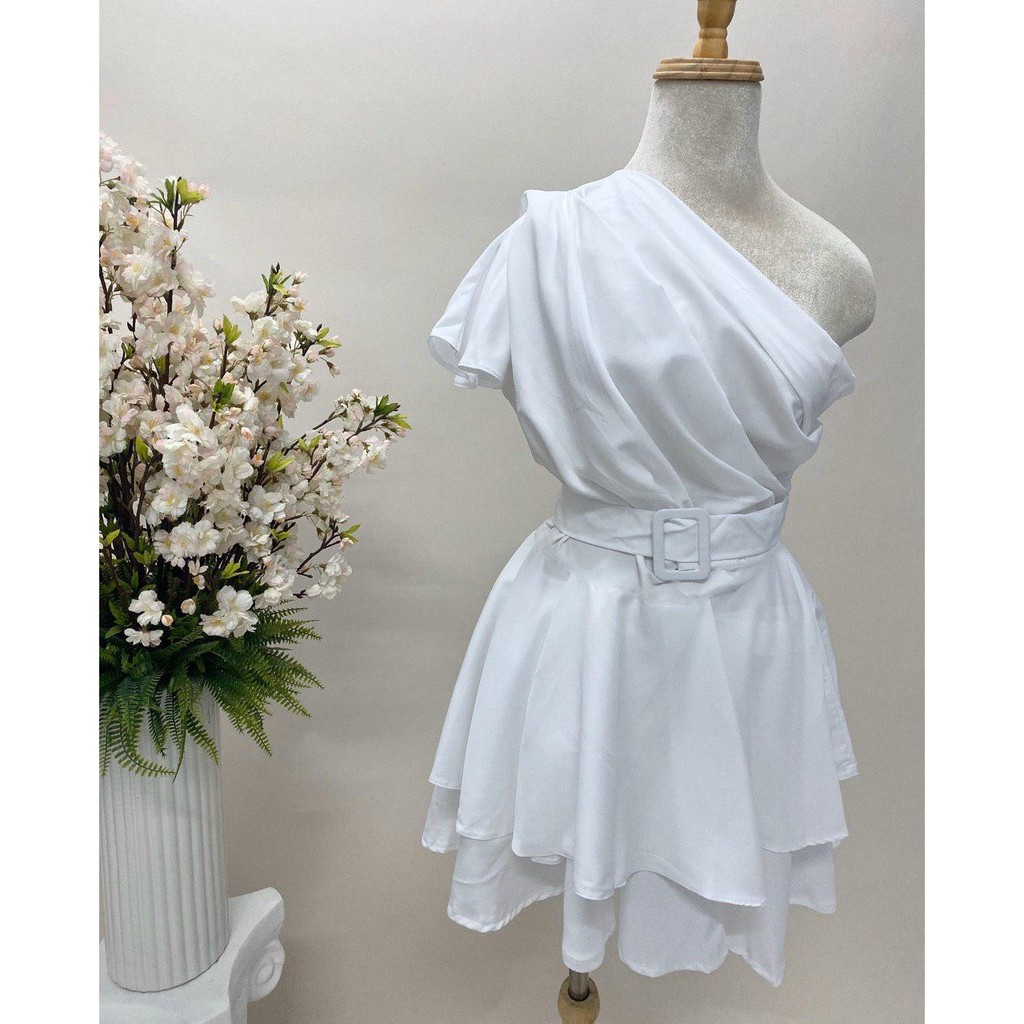 (VIDEO+HÌNH THẬT) Váy Đầm Lệch Vai + Belt ( TRẮNG+ĐEN ) | BigBuy360 - bigbuy360.vn