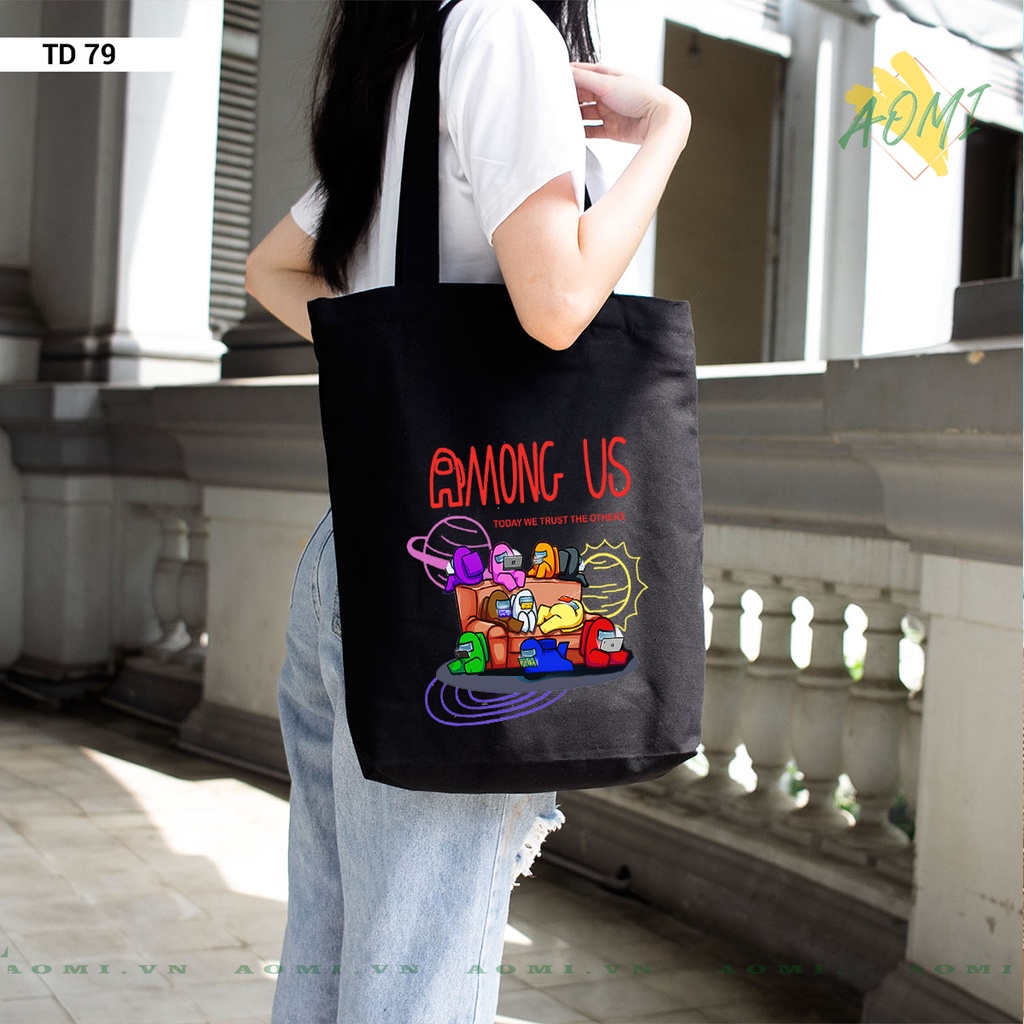 TOTE CANVAS AMONG US FORM TRÒN TÚI VẢI ĐEO VAI BAG NÚT BẤM SIZE LỚN AOMIVN DU LỊCH  MÀU ĐEN TRẮNG