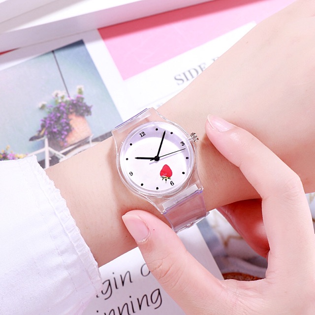 Đồng hồ nữ Ulzzang trái dâu Nhật Bản dây trong suốt 4 màu dễ thương