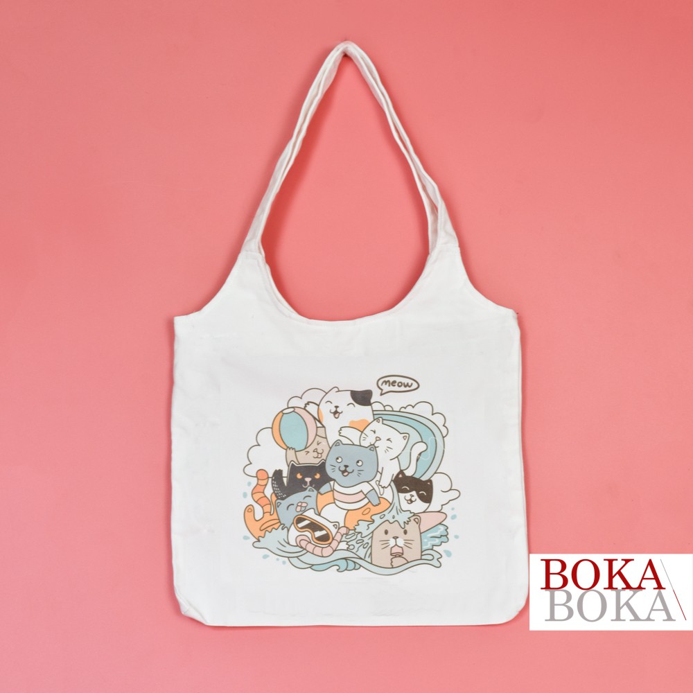 Túi Tote Vải Canvas Quai Tròn In Hình Những Người Bạn Mèo Cat Friends Có Khóa