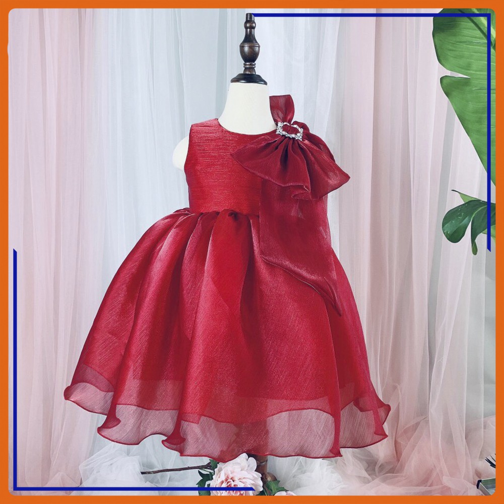 Đầm sát nách công chúa tơ ánh, đính nơ bên vai có 2 màu trắng và đỏ cho bé gái đi tiệc size 10-18 kg