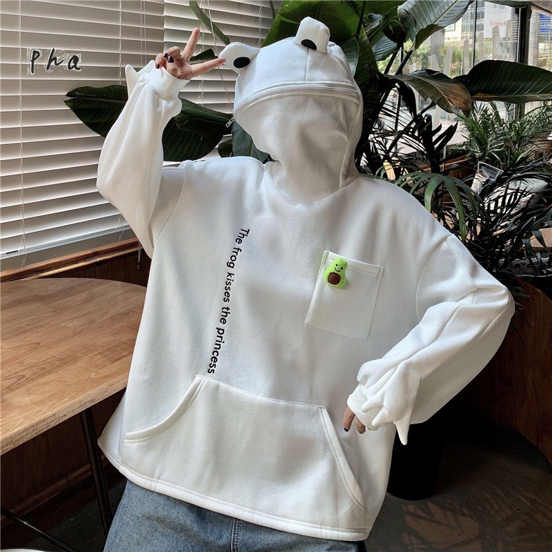 Áo Hoodie Dáng Rộng Dày Mềm Mại Giữ Ấm Mùa Đông In Hình Chú Ếch Có Mũ Trùm Đầu Cho Nữ