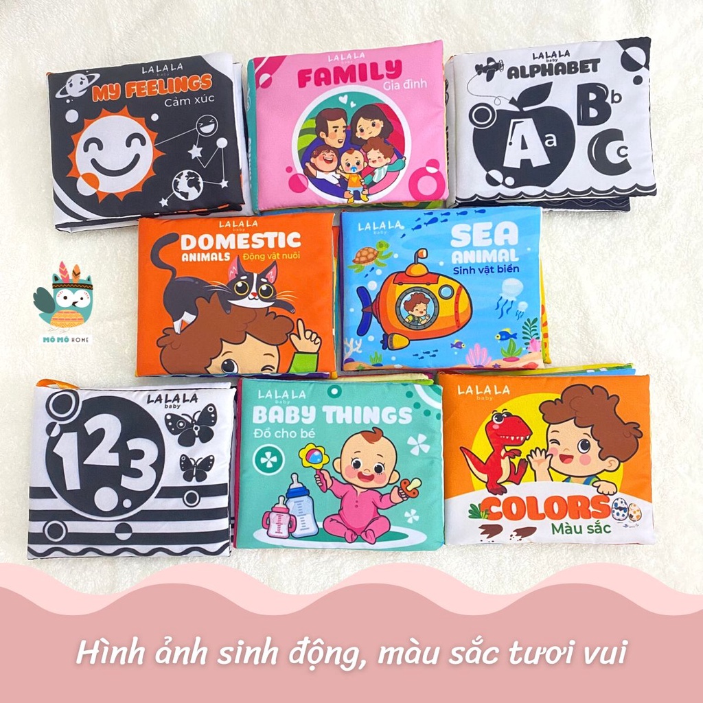 Sách vải cho bé sơ sinh 0 đến 12 tháng Lalala baby, an toàn tuyệt đối, kích thước 12x11cm, 8 mặt sột soạt. MẪU MỚI