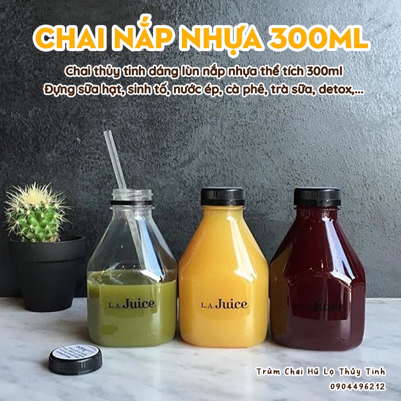 Chai thuỷ tinh lùn nắp nhựa 300ml, 500ml (Chai trơn, không in hình) - Đựng sữa hạt, trà sữa nước ép, đồ uống,...