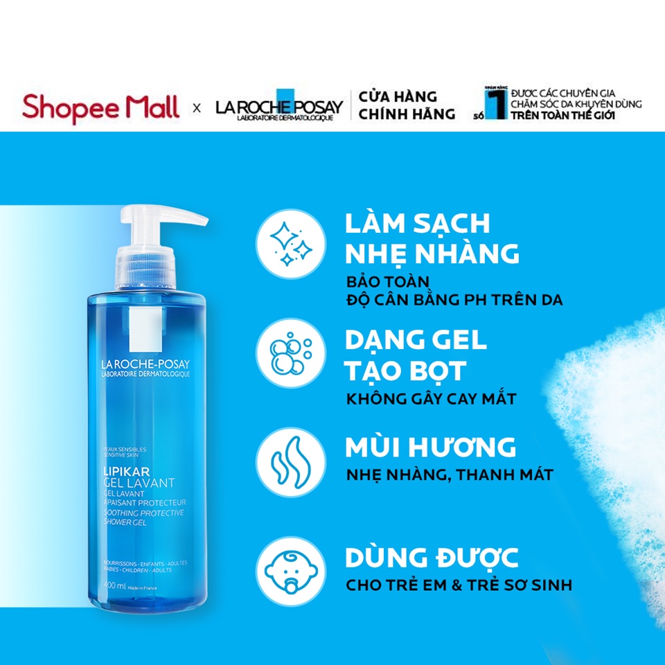 Gel tắm làm sạch làm dịu và bảo vệ da nhạy cảm La Roche Posay Lipikar Shower Gel 400ml