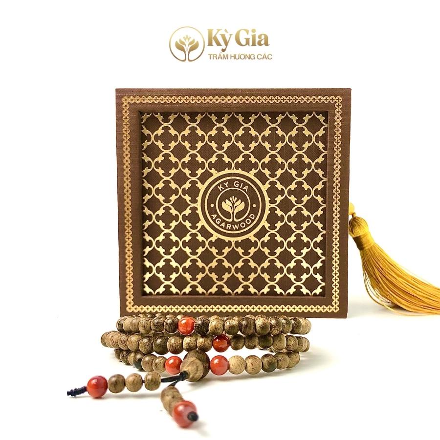 Vòng Tay Trầm Hương KỲ GIA AGARWOOD 54 Hạt Phối Đá Mã Não Nam Hồng