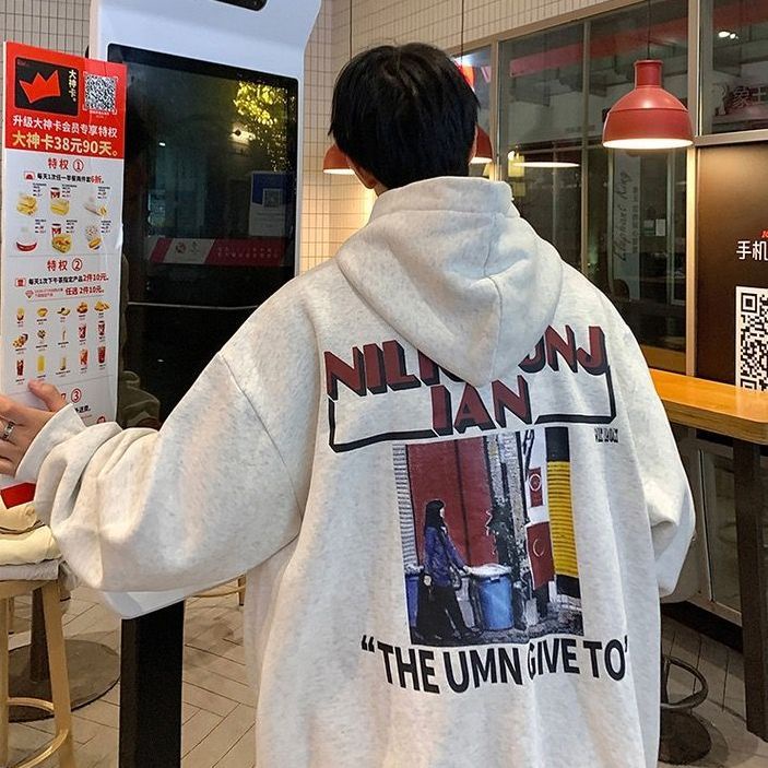 Áo Khoác Hoodie Lông Cừu Dáng Rộng In Chữ Kiểu Hồng Kông Retro Thời Trang Cho Các Cặp Đôi