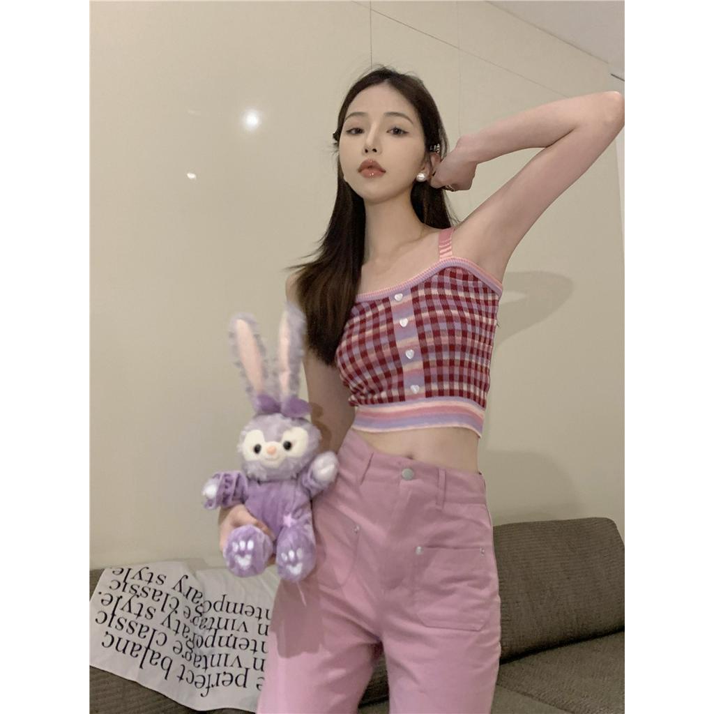 Áo Hai Dây Dệt Kim Ngắn Họa Tiết Sọc Caro Màu Sắc Thời Trang Mùa Hè 52842