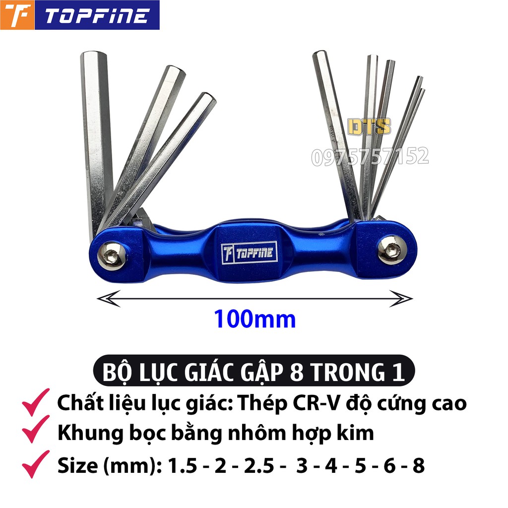 Bộ lục giác gập đa năng TOP FINE 8 chi tiết 1.5 – 8mm, bộ khóa lục giác xếp thép CR-V, khung bảo vệ nhôm hợp kim cao cấp