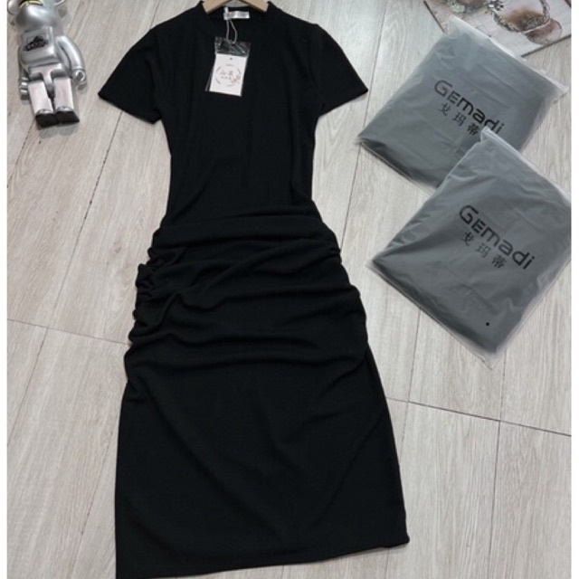 Váy Body Đen Dúm Hông Dáng Dài Tay Cộc Đầm Ôm Bó Chất Bozip