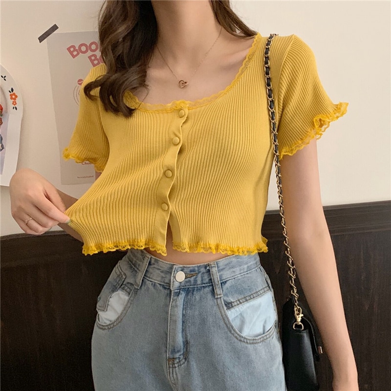 Áo Croptop Dệt Kim Tay Ngắn Phối Ren Hoa Thiết Kế Thanh Lịch