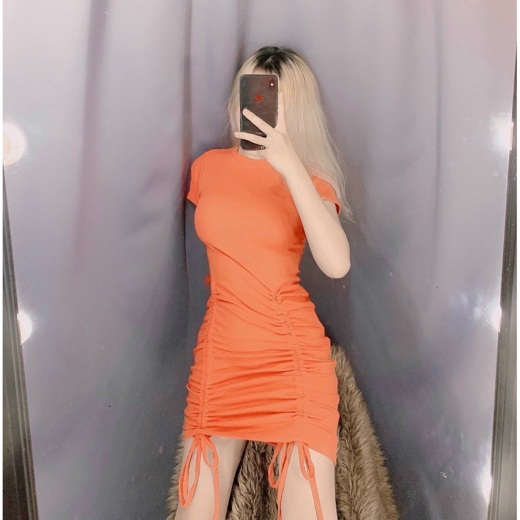 Đầm ôm body trơn rút dây 2 bên cực tôn dáng , chất thun bozip dày dặn co giãn