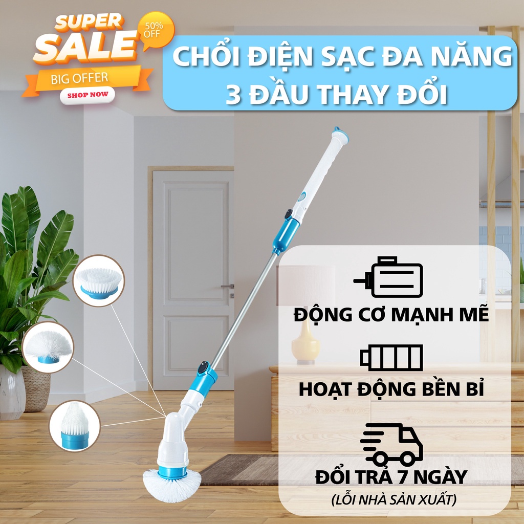 Chổi điện sạc đa năng 3 đầu thay đổi Spin 300 RPM (Trắng phối xanh)