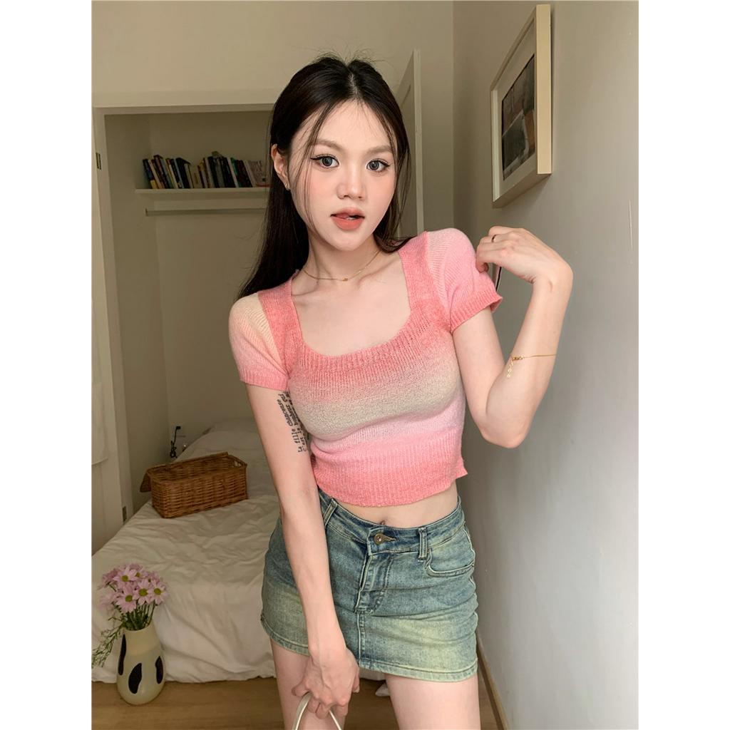 Áo Thun Dệt Kim Cổ Vuông Ngắn Tay Dáng Ôm Màu Gradient Thời Trang Dạo Phố Cá Tính 628