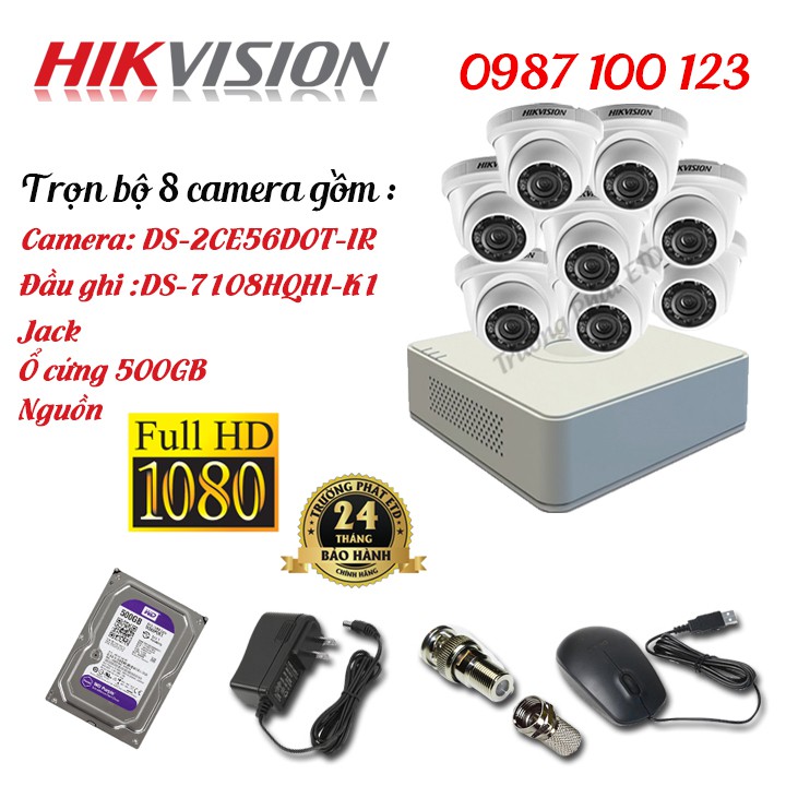 Trọn Bộ (2-8) Camera HIKVISION Dome Vỏ Sắt 2MP DS-2CE56D0T-IR Full HD1080 - Full Phụ Kiện - Hàng Chính Hàng