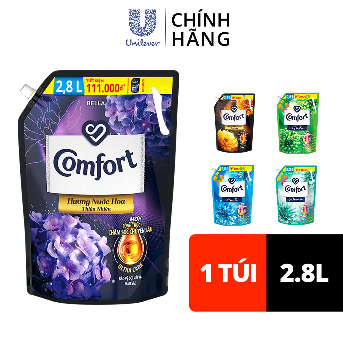 Nước xả làm mềm vải Comfort Chăm sóc Chuyên sâu Một lần xả / Hương nước hoa thiên nhiên túi 2.8L