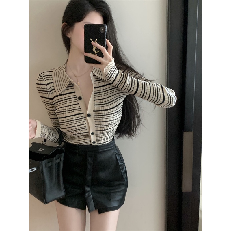 Áo Cardigan Dệt Kim Tay Dài Dáng Ngắn Họa Tiết Kẻ Sọc Phong Cách Pháp Cổ Điển Thời Trang Cho Nữ