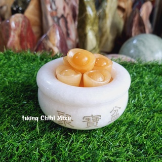 Bát Tụ Bảo bạch ngọc size 10cm (gồm 01 bát + 09 thỏi vàng + 01 đế gỗ)