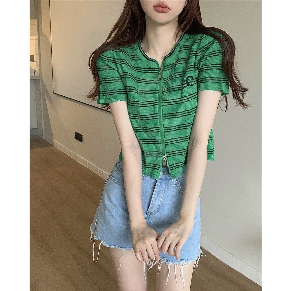 Áo Cardigan Dệt Kim Tay Ngắn Họa Tiết Kẻ Sọc Thời Trang Mùa Hè Xinh Xắn Cho Nữ