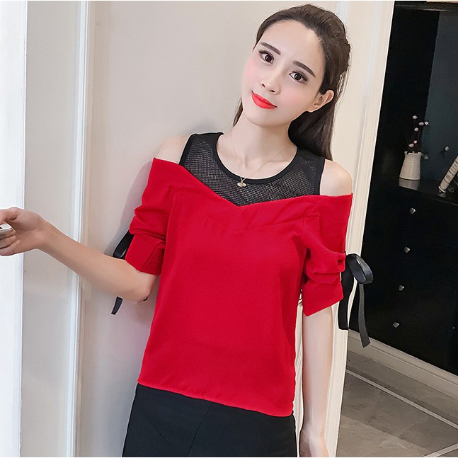 Áo trễ vai phối lưới nơ tay - ABEO230