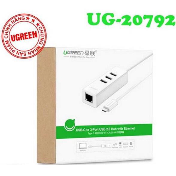 Dây chuyển Type C ra Ethernet+Hub, cổng mạng 10/100Mbps Ugreen 20792 chính hãng bảo hành 18 tháng