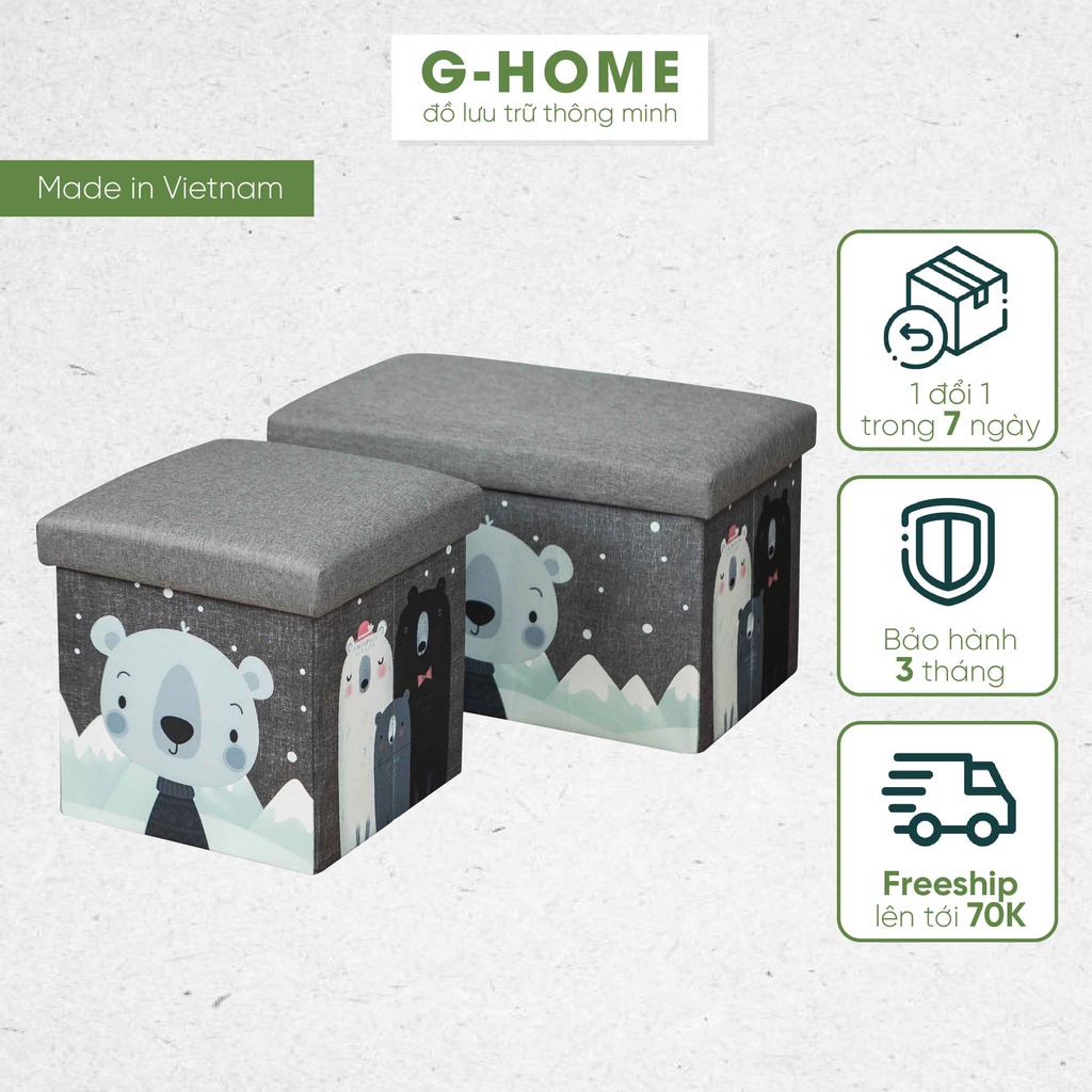 Thùng đựng đồ kiêm ghế ngồi cho bé Ghome, ghế đựng đồ trẻ em, ghế hộp họa tiết hoạt hình chắc chắn TV041 Ghi