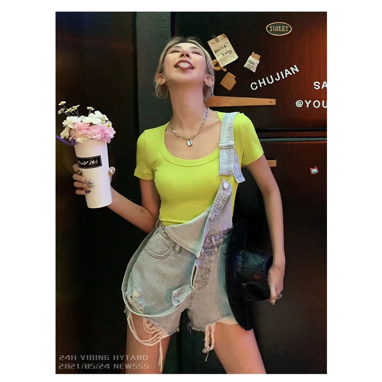 Quần yếm denim ngắn lưng cao rách mới Hàn quốc thời trang jumpsuit nữ