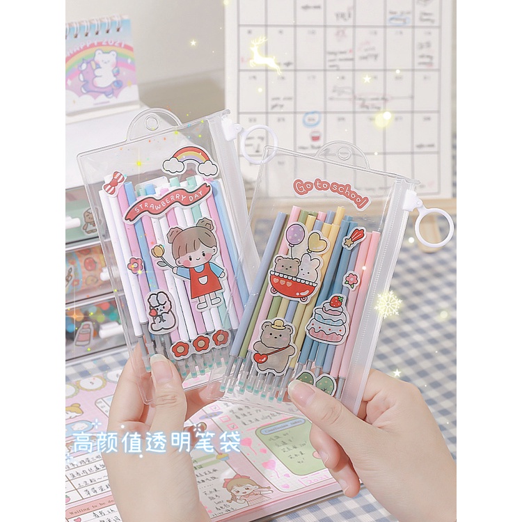 Set 50 ngòi bút viết mực nước đen tặng kèm túi zip đựng bút và sticker dán văn phòng phẩm dễ thương Tom House