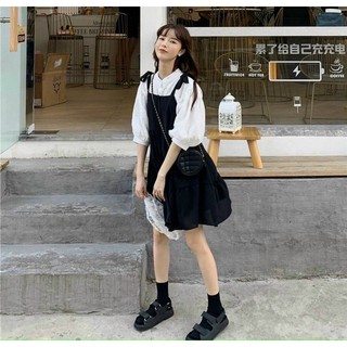 Set áo sơ mi và yếm 2 dây đen