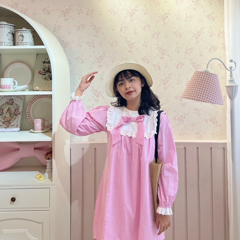 remi dress đầm baby doll caro hồng / đỏ vintage Mania Cutie